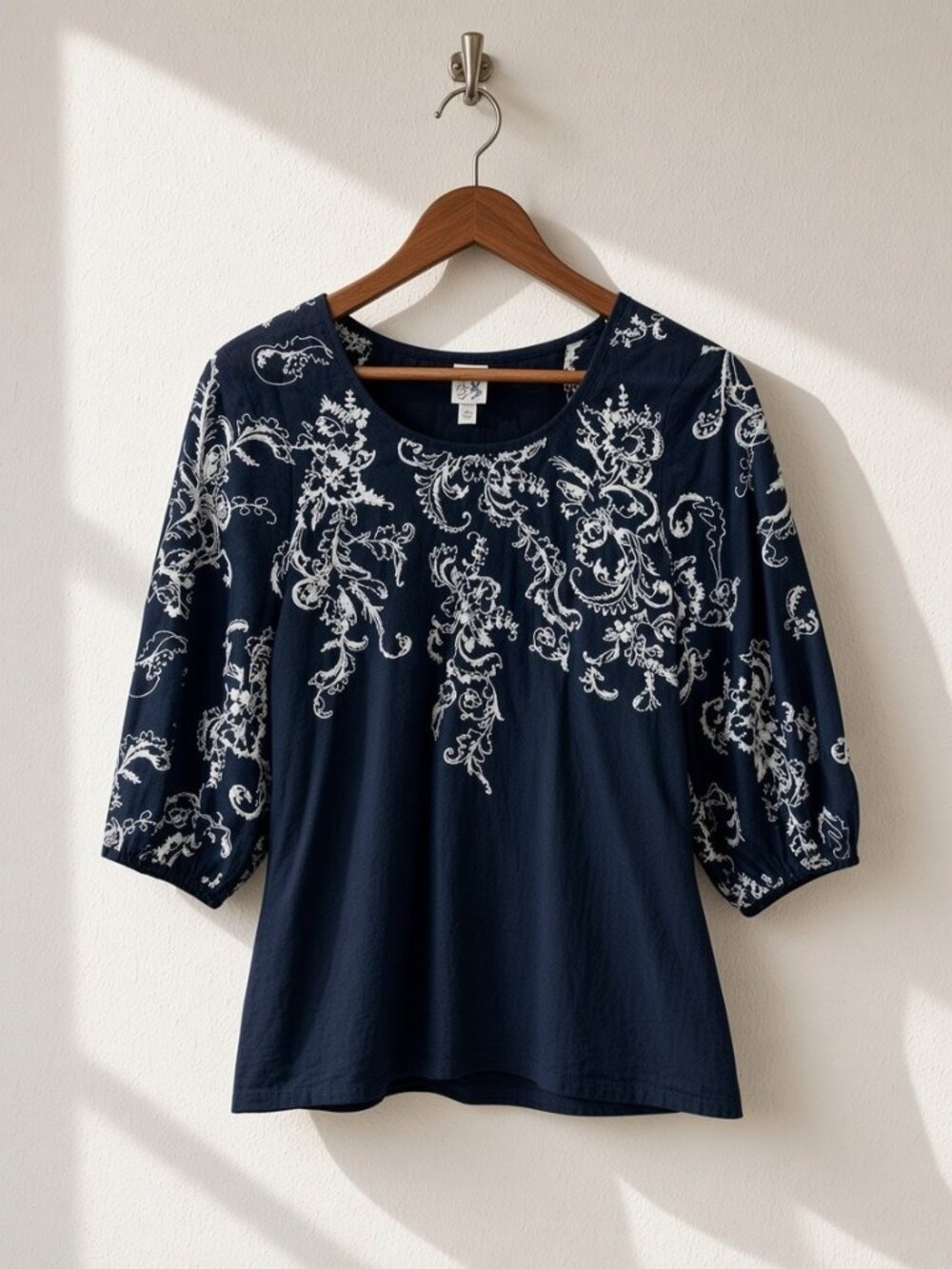 EDME & ESYLLTE DARK BLUE EMBROIDERED PEASANT TOP